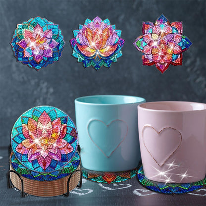 8PCS Acrylic Diamond Painting Coasters Kits with Holder (Crystal Lotus)