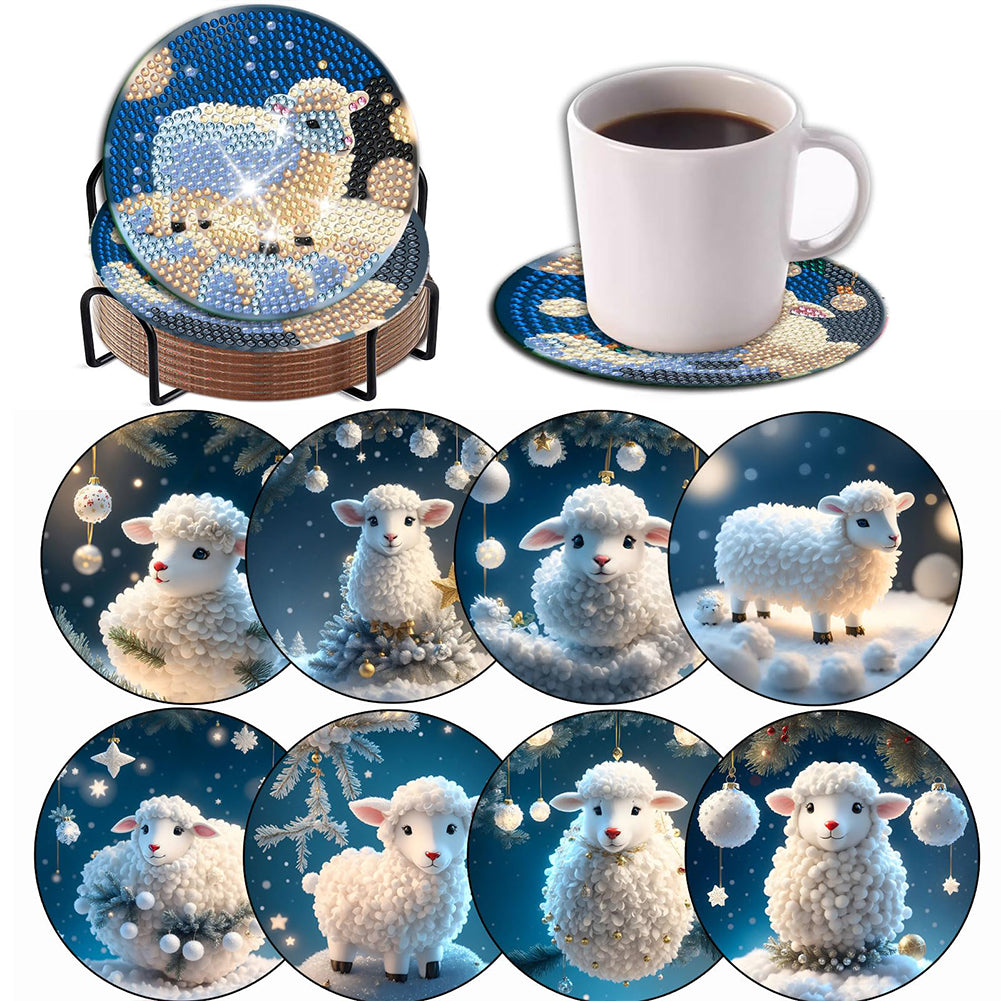 8PCS Acrylic Diamond Painting Coasters Kits with Holder for Beginner (Sheep)