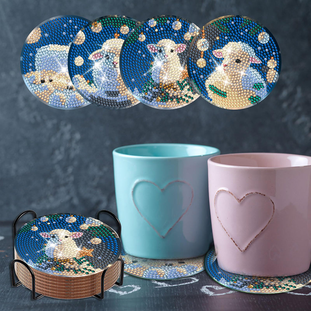 8PCS Acrylic Diamond Painting Coasters Kits with Holder for Beginner (Sheep)