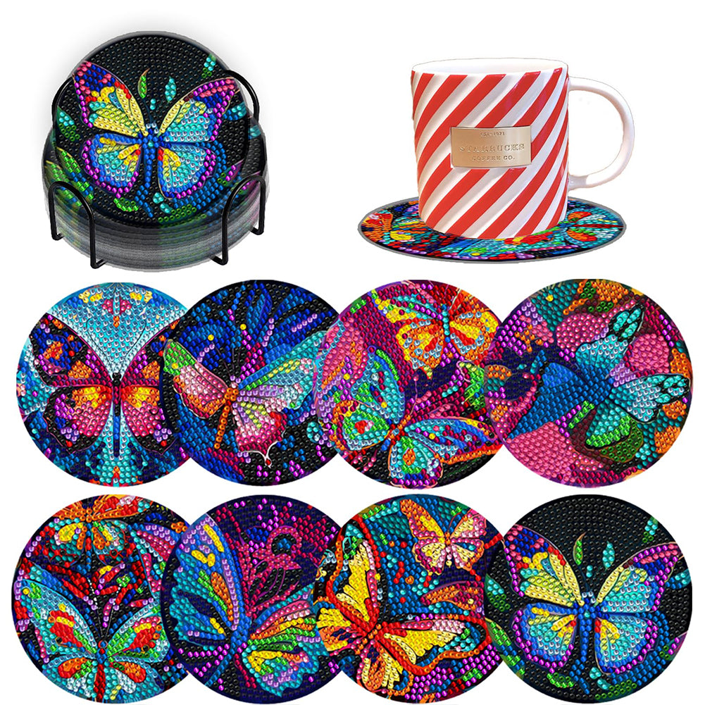 8PCS Acrylic Diamond Painting Coasters Kits with Holder for Adult (Butterfly #8)