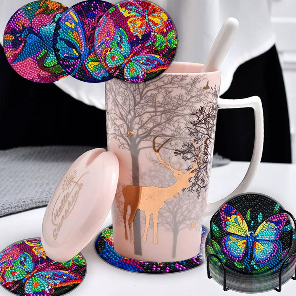 8PCS Acrylic Diamond Painting Coasters Kits with Holder for Adult (Butterfly #8)