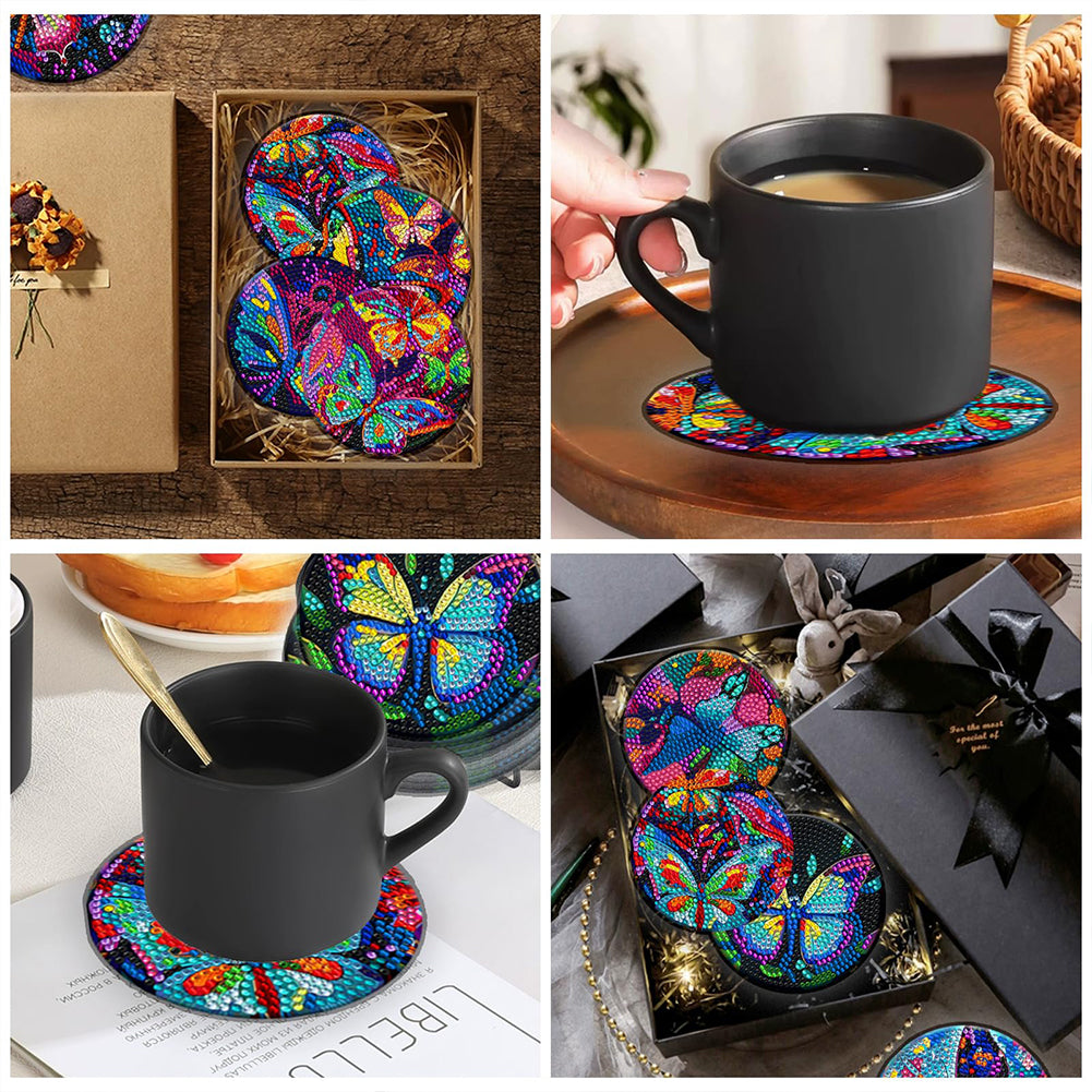 8PCS Acrylic Diamond Painting Coasters Kits with Holder for Adult (Butterfly #8)