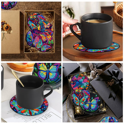 8PCS Acrylic Diamond Painting Coasters Kits with Holder for Adult (Butterfly #8)