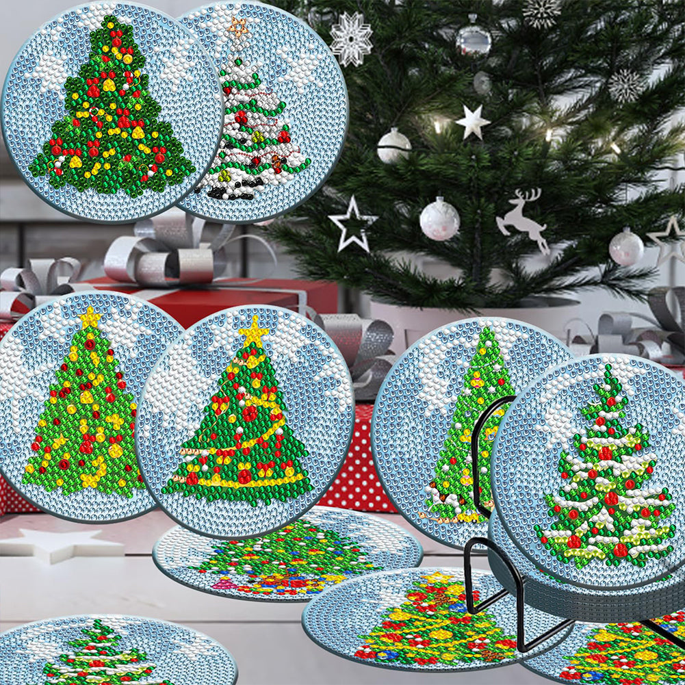 8PCS Acrylic Diamond Painting Coasters Kits with Holder (Christmas Tree)