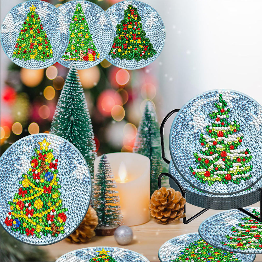 8PCS Acrylic Diamond Painting Coasters Kits with Holder (Christmas Tree)