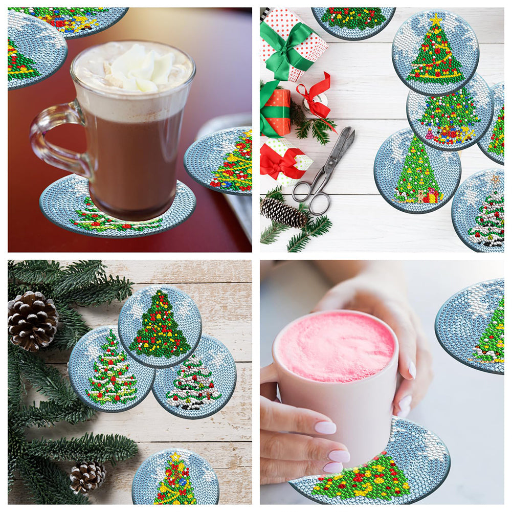 8PCS Acrylic Diamond Painting Coasters Kits with Holder (Christmas Tree)