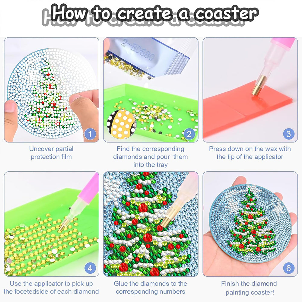 8PCS Acrylic Diamond Painting Coasters Kits with Holder (Christmas Tree)