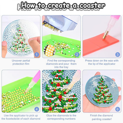 8PCS Acrylic Diamond Painting Coasters Kits with Holder (Christmas Tree)