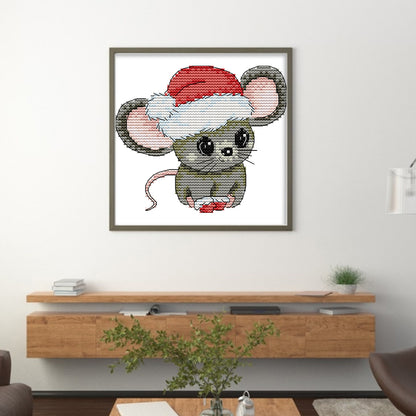 Little Mouse In Santa Hat - 16CT Stamped Cross Stitch 14*13CM