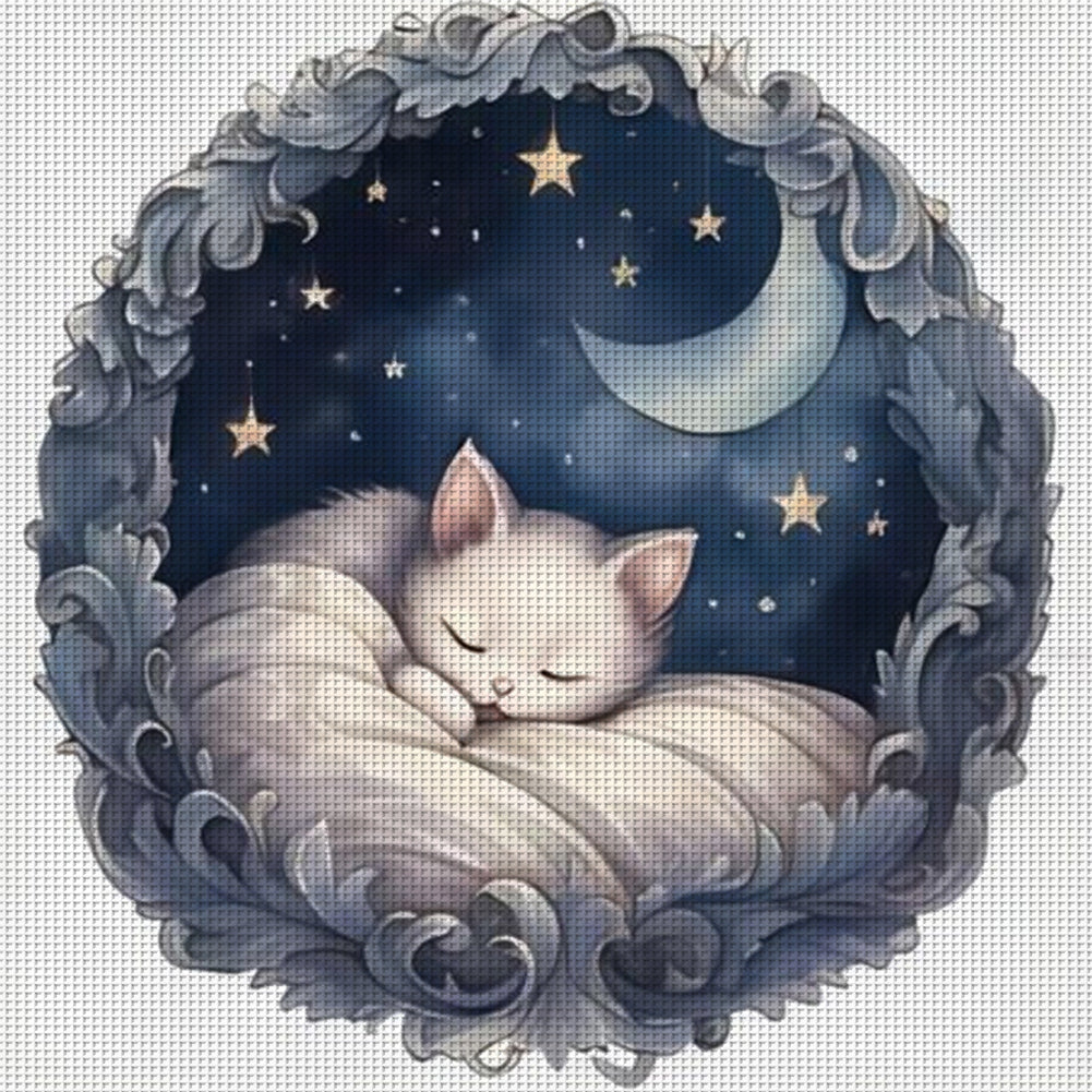 White Cat On The Moon - 11CT Stamped Cross Stitch 50*50CM