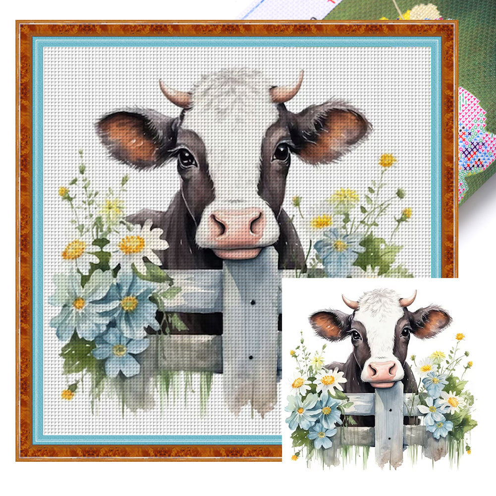 Flowers And Cow - 11CT Stamped Cross Stitch 50*50CM(Joy Sunday)