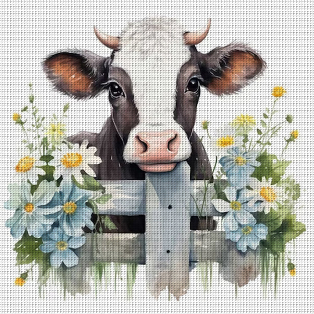 Flowers And Cow - 11CT Stamped Cross Stitch 50*50CM(Joy Sunday)