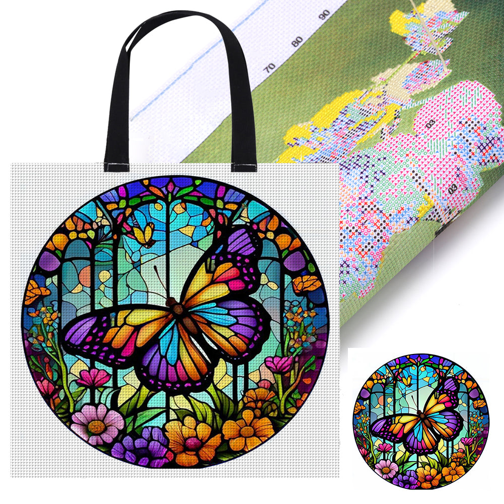 Embroidery Kit Stained Glass Butterfly Canvas Bag Cross Stitch Kit for Beginners