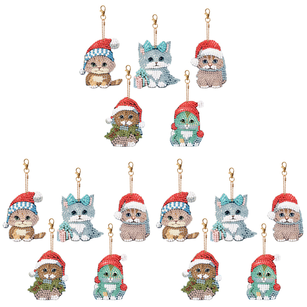 5PCS Double Sided Special Shape Diamond Painting Keychain (Christmas Cat)