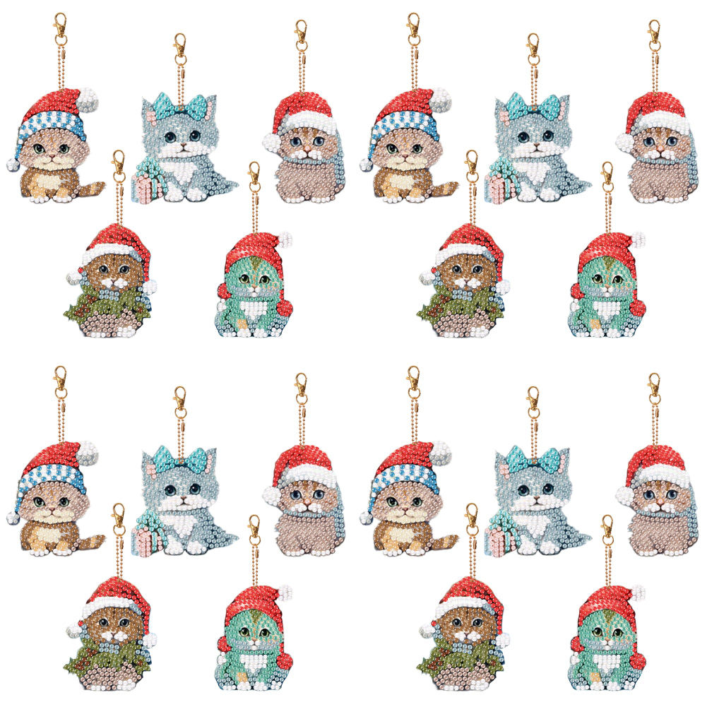 5PCS Double Sided Special Shape Diamond Painting Keychain (Christmas Cat)