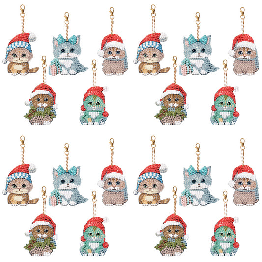 5PCS Double Sided Special Shape Diamond Painting Keychain (Christmas Cat)