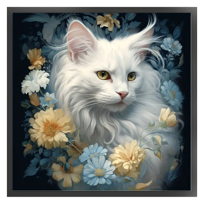 Flowers And White Cat - 11CT Stamped Cross Stitch 40*40CM