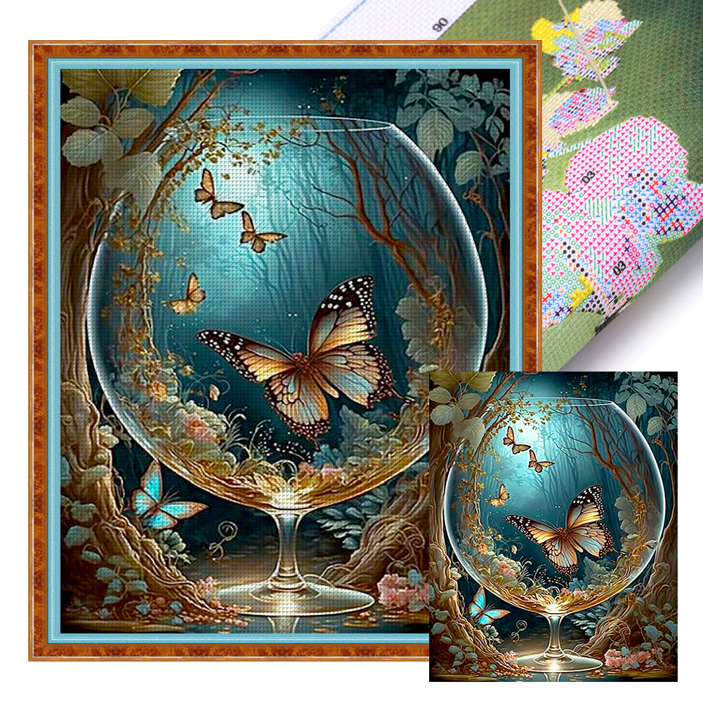 Butterfly In Glass Bottle In The Woods - 11CT Stamped Cross Stitch 40*50CM