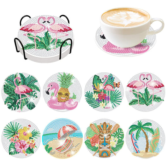 8 PCS Acrylic Diamond Painting Art Coaster Kit with Holder (Flamingo #1)