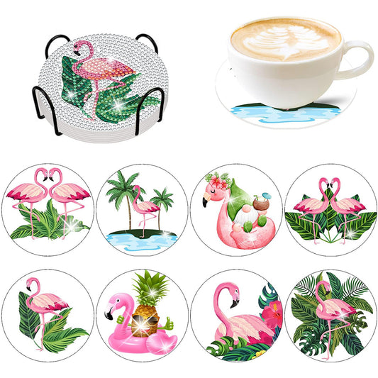 8 PCS Acrylic Diamond Painting Art Coaster Kit with Holder (Flamingo #2)