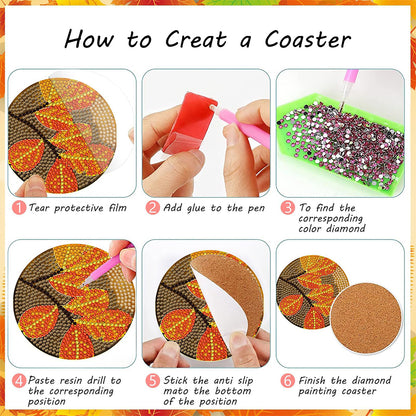 8 PCS Acrylic Diamond Painting Art Coaster Kit with Holder for Adult(Retro Leaf)