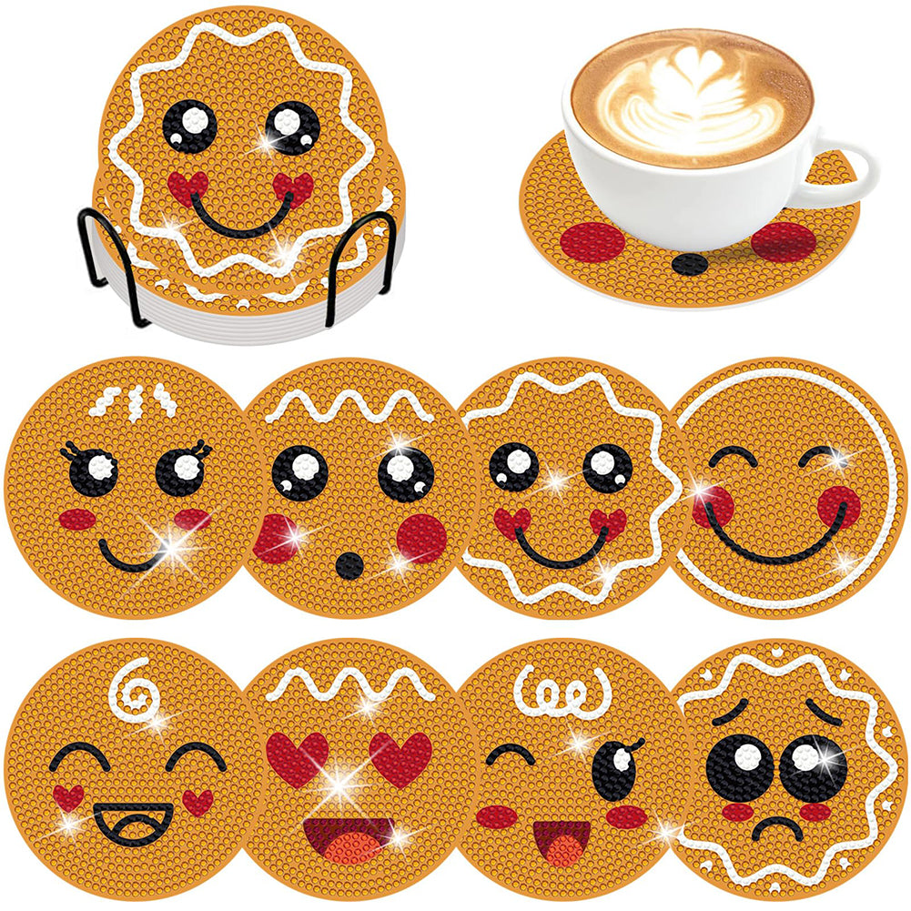 8 PCS Acrylic Diamond Painting Art Coaster Kit with Holder (Smiley Biscuit)