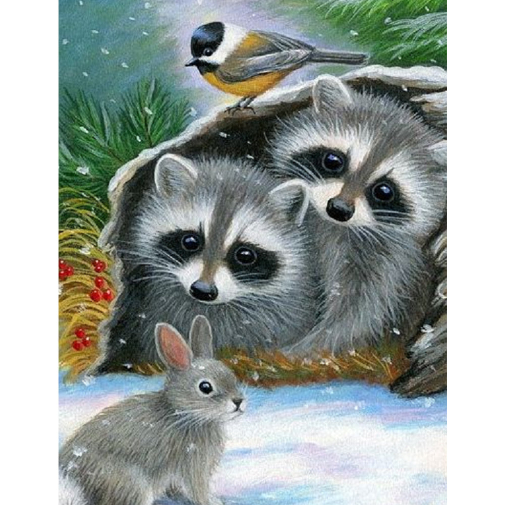 Raccoon In Snow Scene - Full Square Drill Diamond Painting 30*40CM