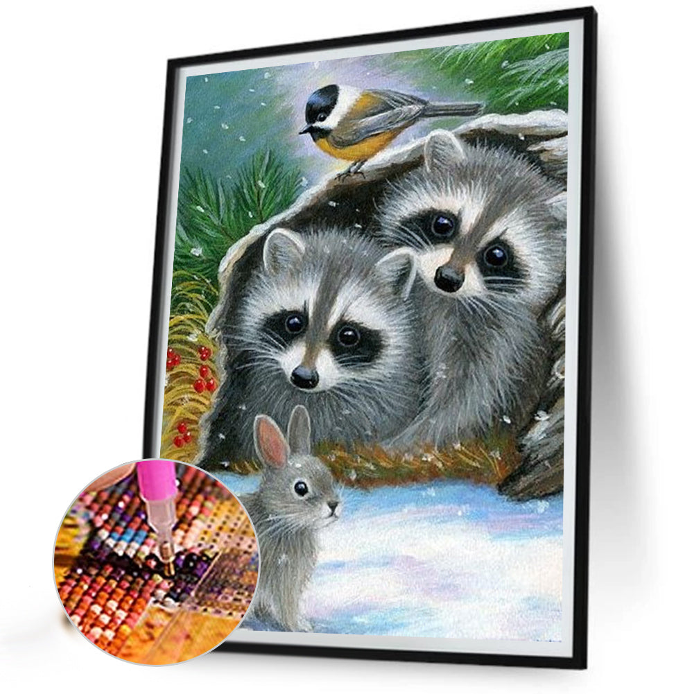 Raccoon In Snow Scene - Full Square Drill Diamond Painting 30*40CM