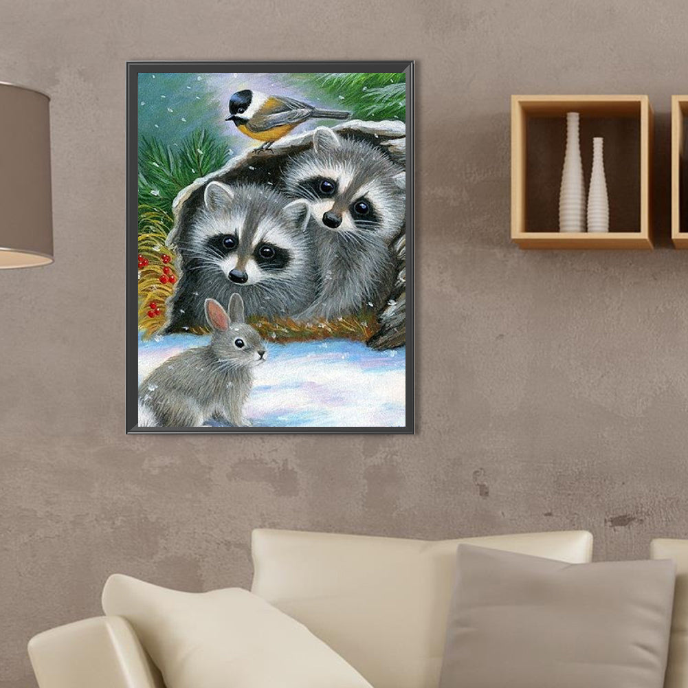 Raccoon In Snow Scene - Full Square Drill Diamond Painting 30*40CM