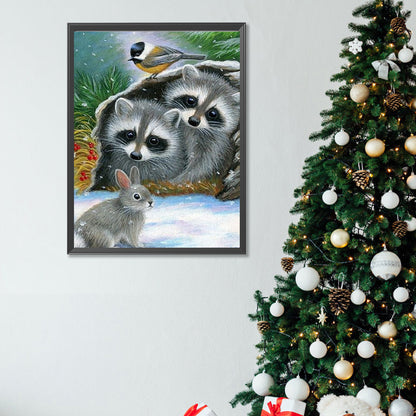 Raccoon In Snow Scene - Full Square Drill Diamond Painting 30*40CM