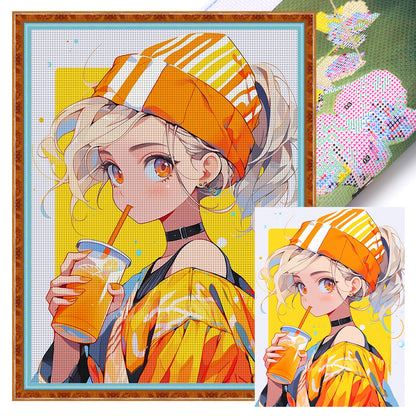 Girl Drinking Juice - 11CT Stamped Cross Stitch 40*53CM(Joy Sunday)