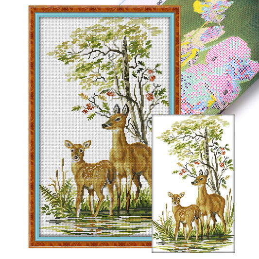 Deer Mother And Daughter - 14CT Stamped Cross Stitch 32*53CM(Joy Sunday)