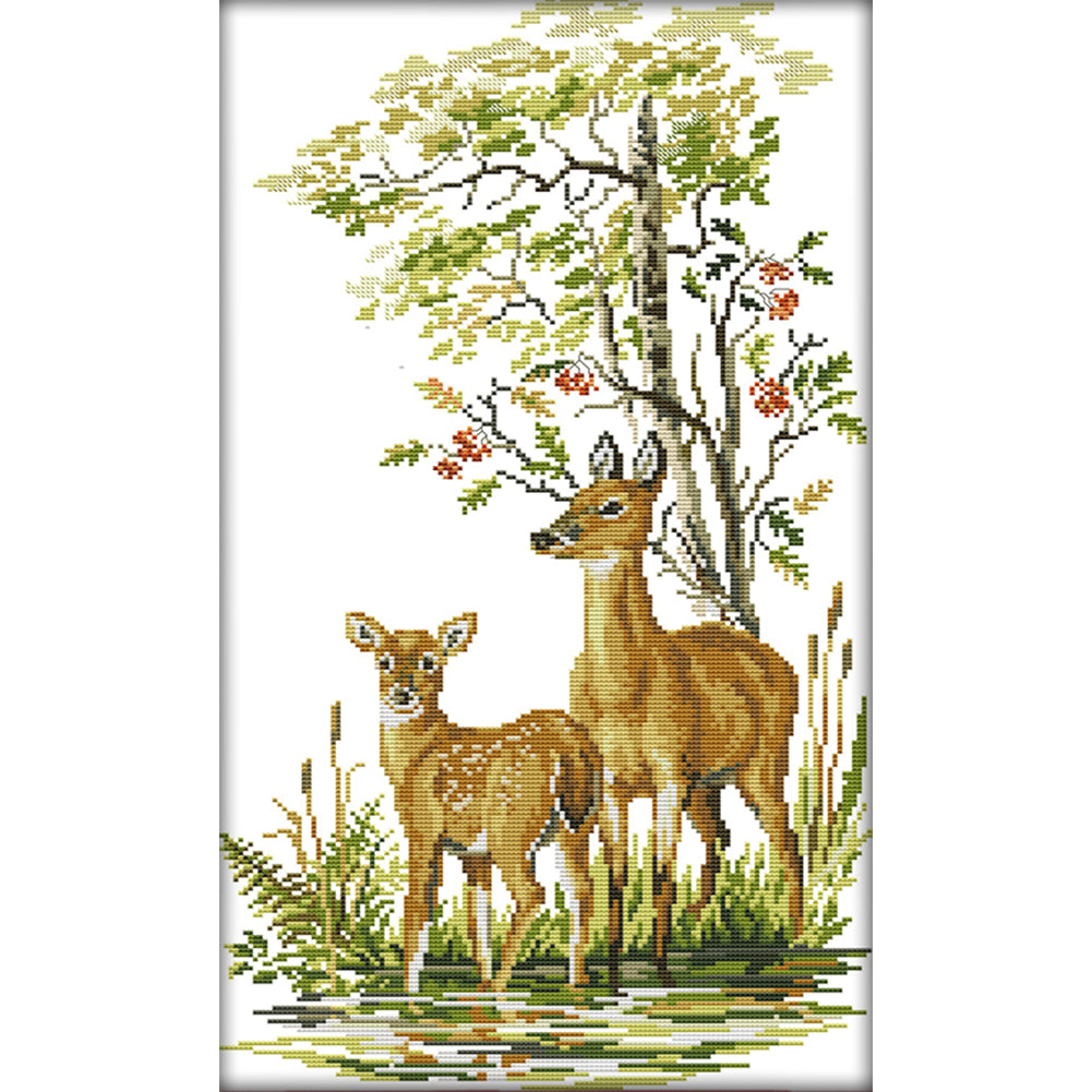 Deer Mother And Daughter - 14CT Stamped Cross Stitch 32*53CM(Joy Sunday)