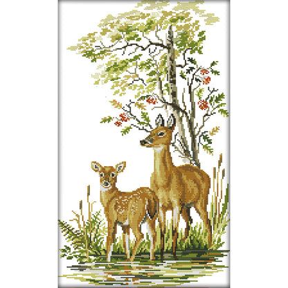 Deer Mother And Daughter - 14CT Stamped Cross Stitch 32*53CM(Joy Sunday)