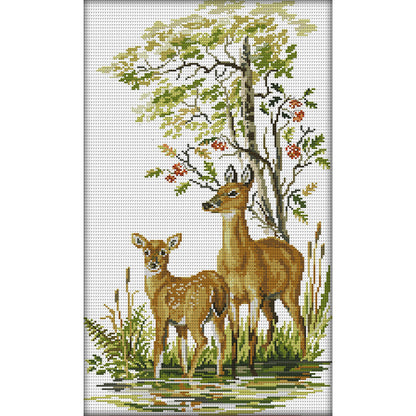 Deer Mother And Daughter - 14CT Stamped Cross Stitch 32*53CM(Joy Sunday)