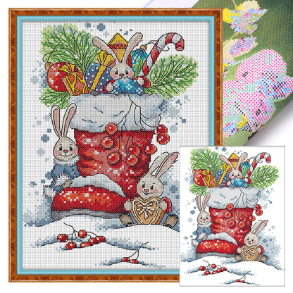 Bunny In Christmas Boots - 14CT Stamped Cross Stitch 21*31CM(Joy Sunday)