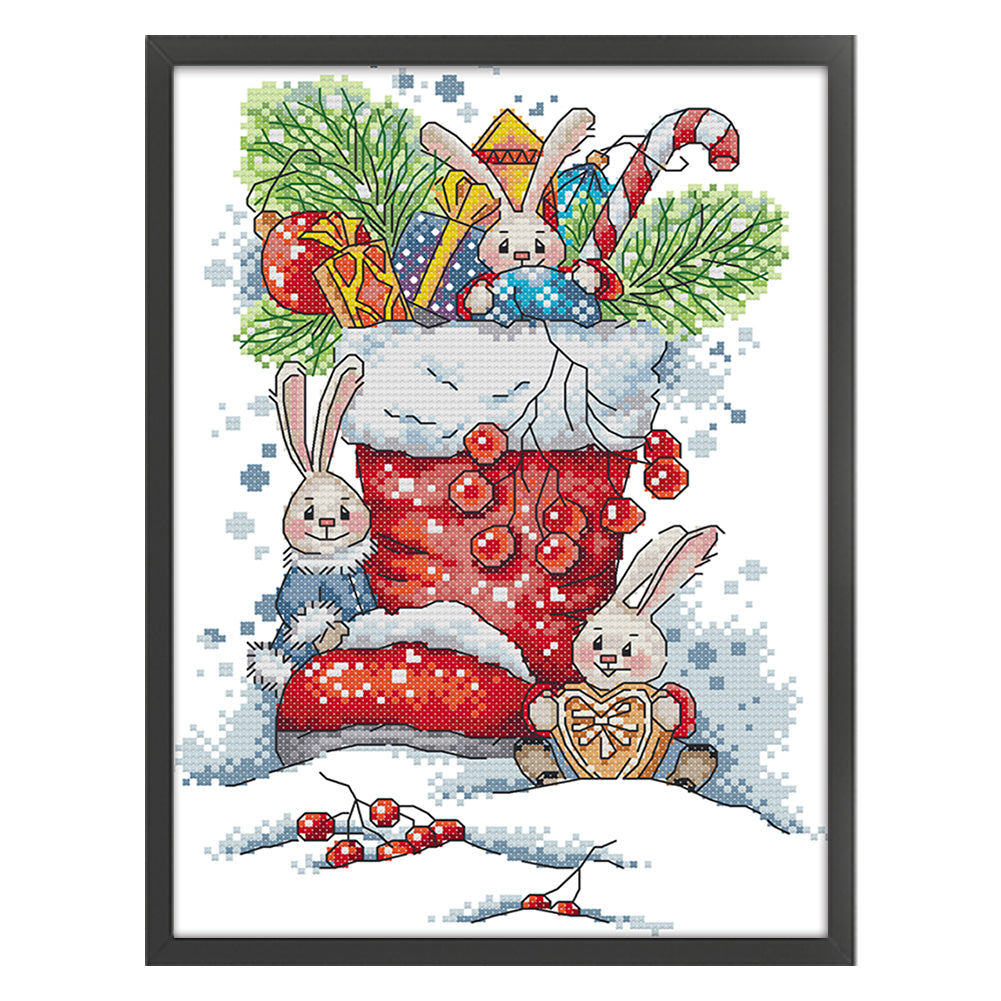 Bunny In Christmas Boots - 14CT Stamped Cross Stitch 21*31CM(Joy Sunday)