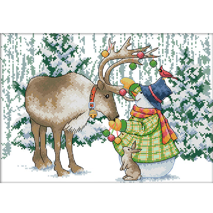 Elk And Snowman - 14CT Stamped Cross Stitch 38*29CM(Joy Sunday)