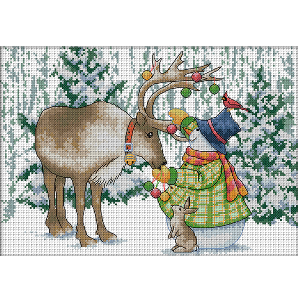 Elk And Snowman - 14CT Stamped Cross Stitch 38*29CM(Joy Sunday)