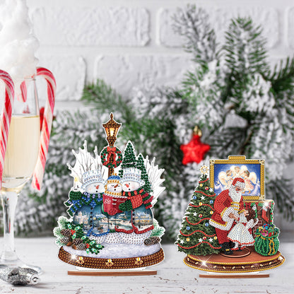 2 PCS Wooden Christmas Santa Xmas Snowman Diamond Painting Desktop Ornaments Kit