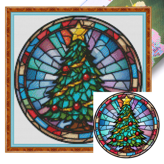 Glass Painting-Christmas Tree - 18CT Stamped Cross Stitch 25*25CM(Joy Sunday)