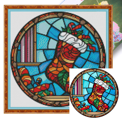 Glass Painting-Christmas Stocking - 18CT Stamped Cross Stitch 25*25CM(Joy Sunday)