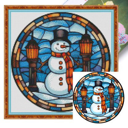 Glass Painting-Christmas Snowman - 18CT Stamped Cross Stitch 25*25CM(Joy Sunday)