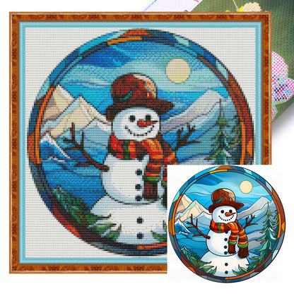 Glass Painting-Christmas Snowman - 18CT Stamped Cross Stitch 25*25CM