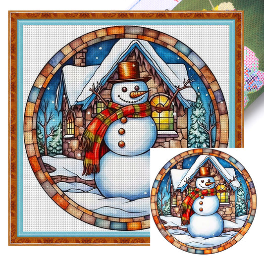 Glass Painting-Christmas Snowman - 18CT Stamped Cross Stitch 25*25CM(Joy Sunday)