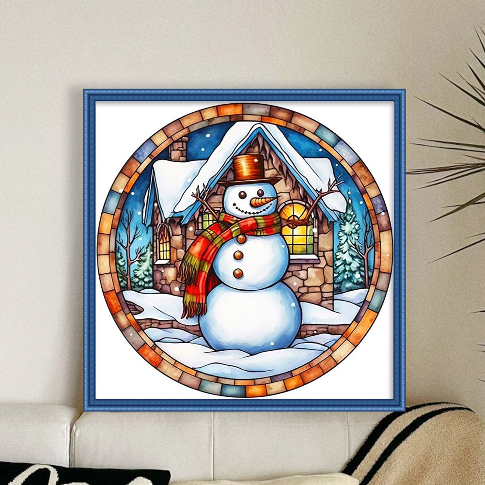 Glass Painting-Christmas Snowman - 18CT Stamped Cross Stitch 25*25CM(Joy Sunday)