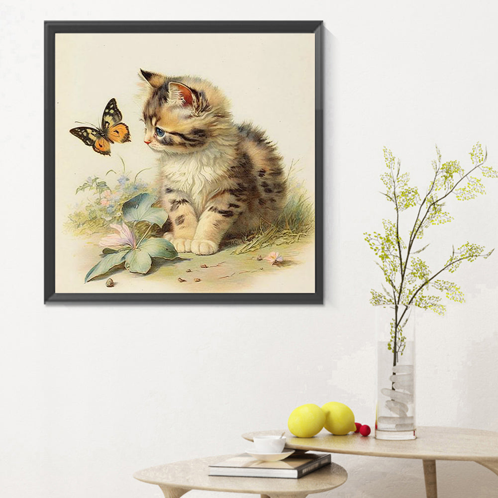 Kitten And Butterfly - Full Round Drill Diamond Painting 30*30CM