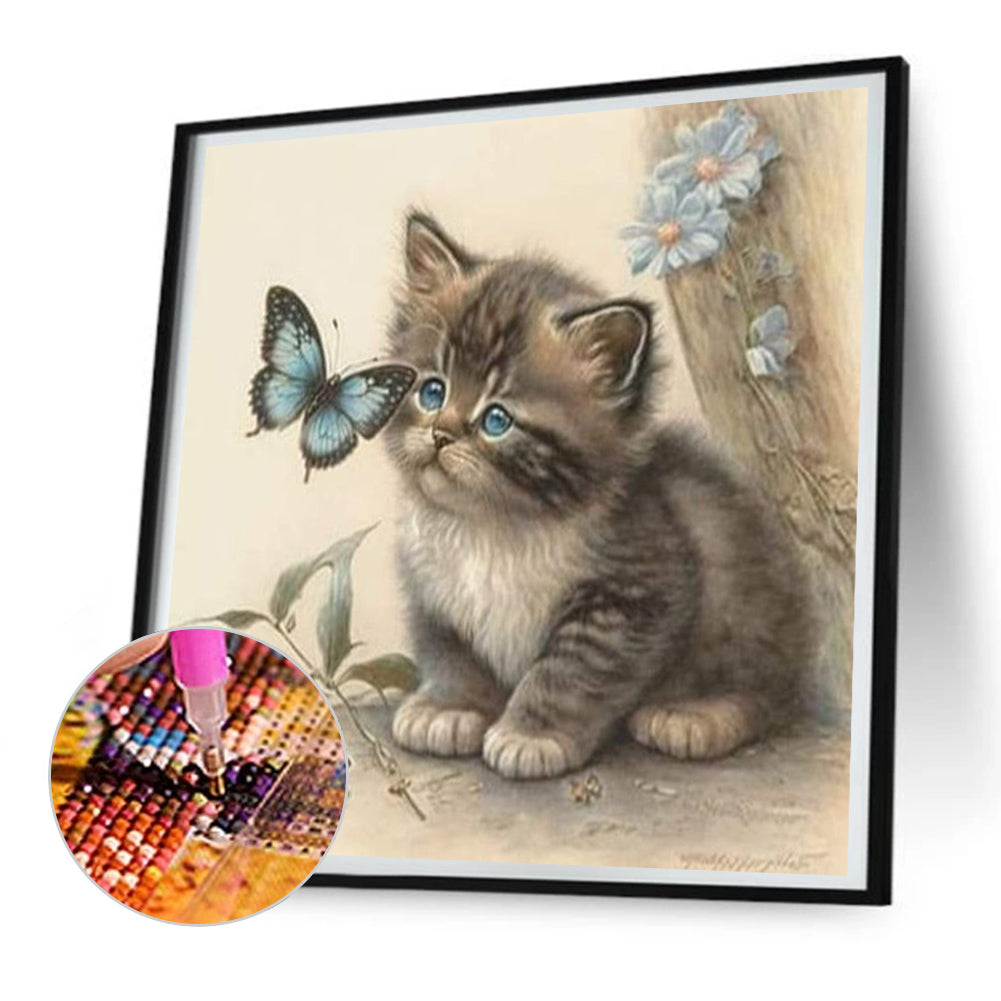 Kitten And Butterfly - Full Round Drill Diamond Painting 30*30CM