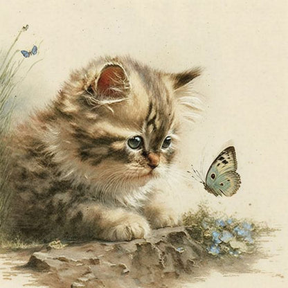 Kitten And Butterfly - Full Round Drill Diamond Painting 30*30CM