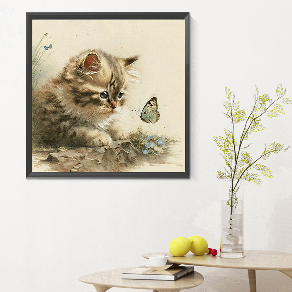 Kitten And Butterfly - Full Round Drill Diamond Painting 30*30CM